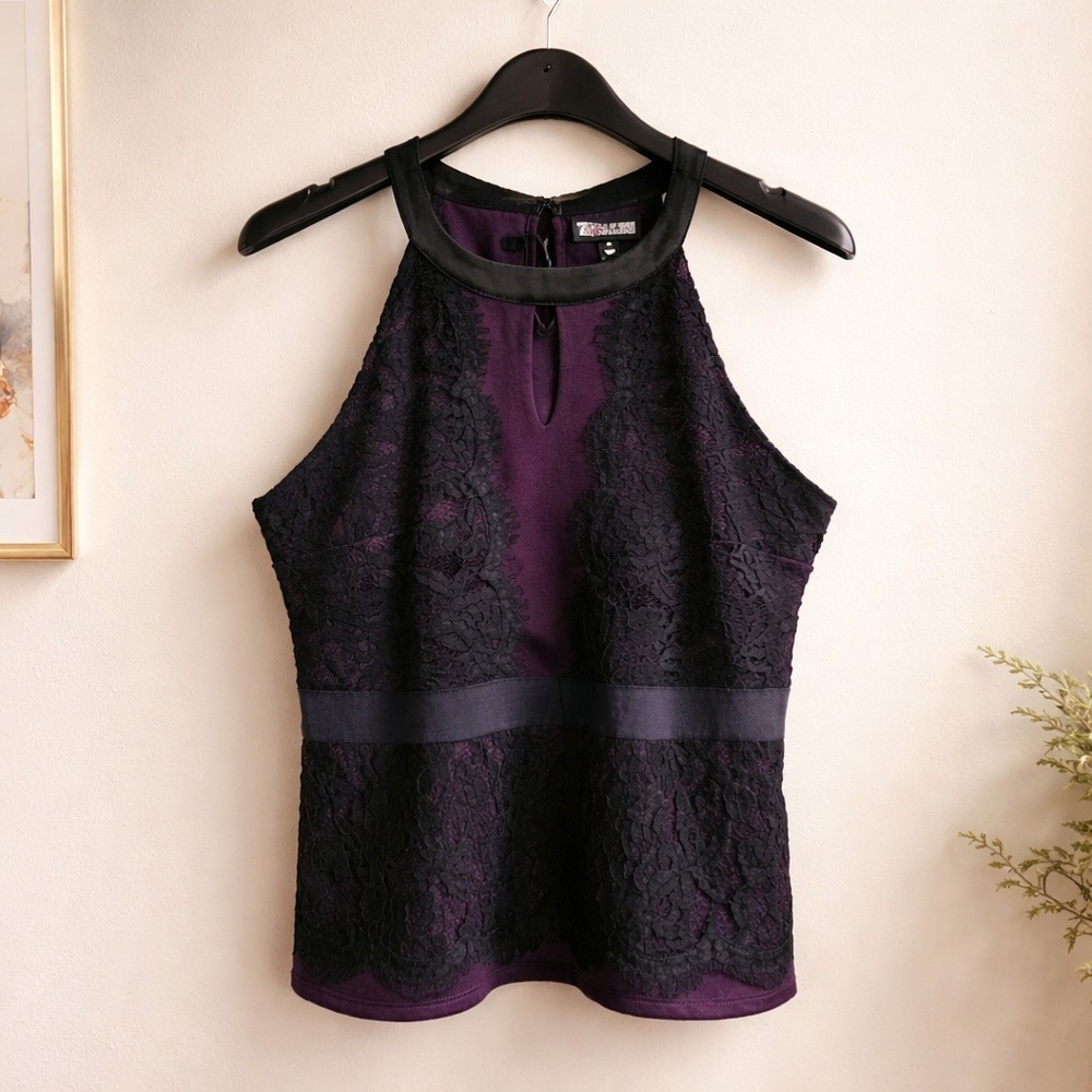 New York & Company XL 7th Avenue Halter Lace Blouse Purple Black NWT